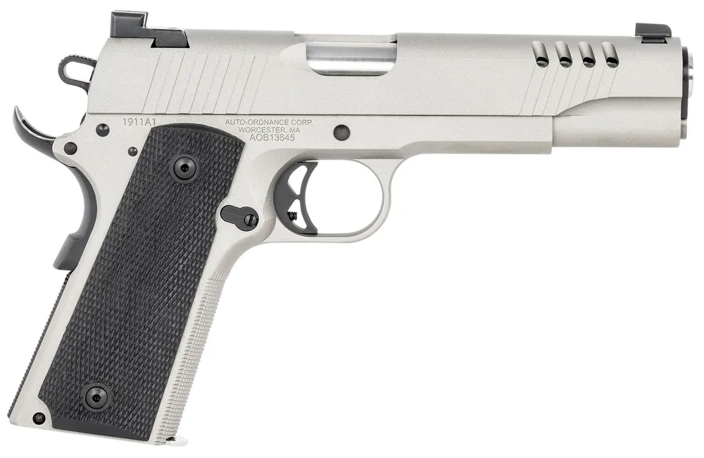 Auto-Ordnance 1911-A1 45 ACP Caliber with 5" Barrel, 7+1 Capacity, Savage Silver Cerakote Finish Stainless Steel Frame & Slide with Black Rubber Grip
