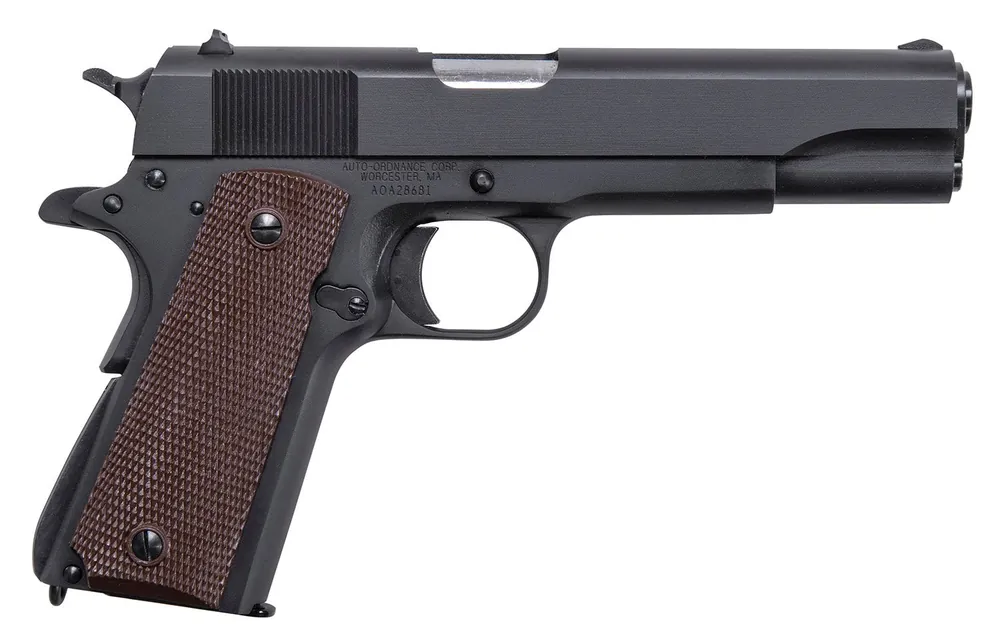 Auto-Ordnance 1911-A1 GI Spec *MA Compliant 45 ACP Caliber with 5" Barrel, 7+1 Capacity, Matte Black Finish Carbon Steel Frame & Slide with Checkered Brown Polymer Grip