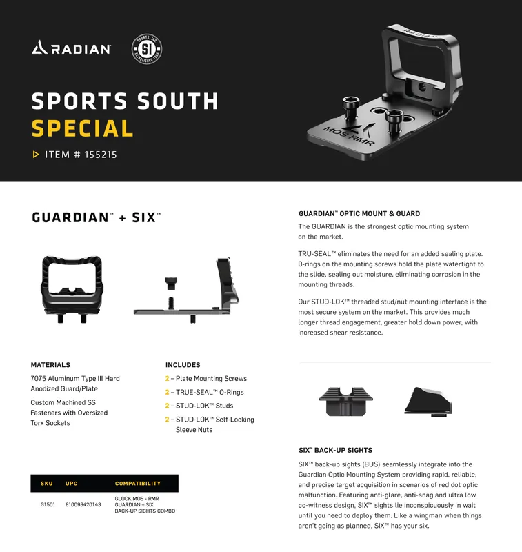 Radian Weapons Guardian Optic Guard w/Stealth Sights, Black, RMR Mount Compatible w/Glock MOS Handgun