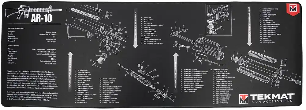 TekMat AR-10 Cleaning Mat 44 x 15" AR-10 Parts Diagram Illustration"