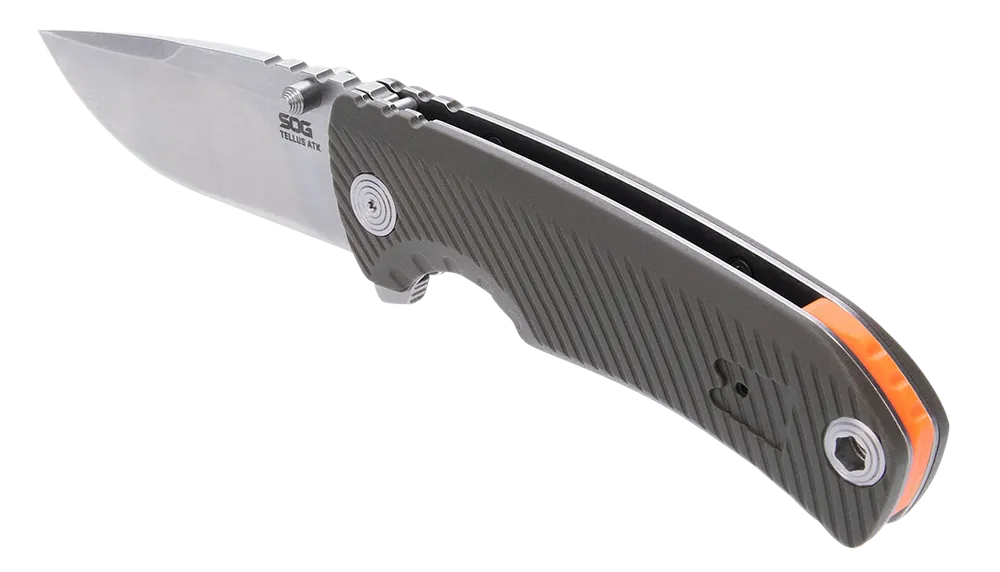 S.O.G Tellus ATK 3.50" Folding Clip Point Plain Stonewashed Cryo 440C SS Blade Olive Drab w/Orange Backspacer GRN Handle