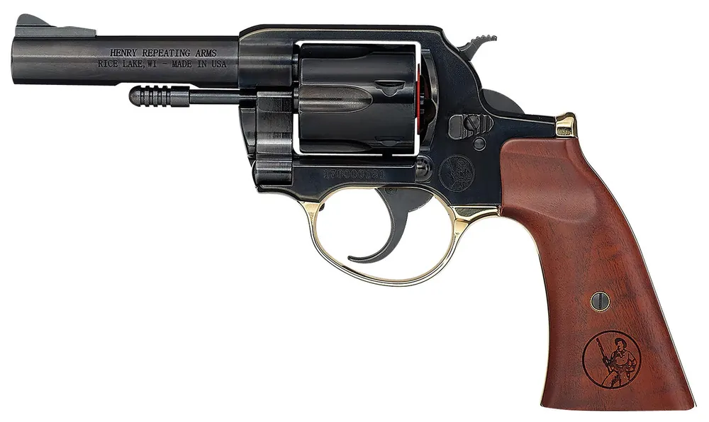 Henry Gunfighter 38 Special 357 Mag 6 Shot 4" Blued Round Steel Barrel, Polished Blued Steel Frame w/Gunfighter Walnut Grip