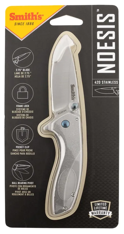 Smiths Products Noesis 2.75" Folding Drop Point Plain Satin 400 SS Blade Bead Blasted Stainless Steel Handle