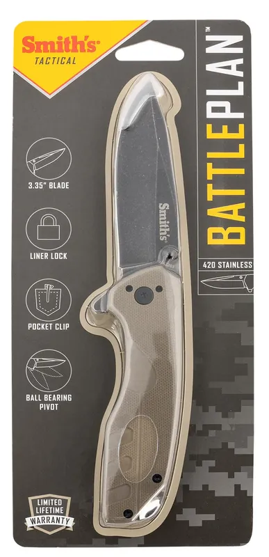Smiths Products BattlePlan 3.35" Folding Drop Point Plain Black Stonewashed 400 SS Blade