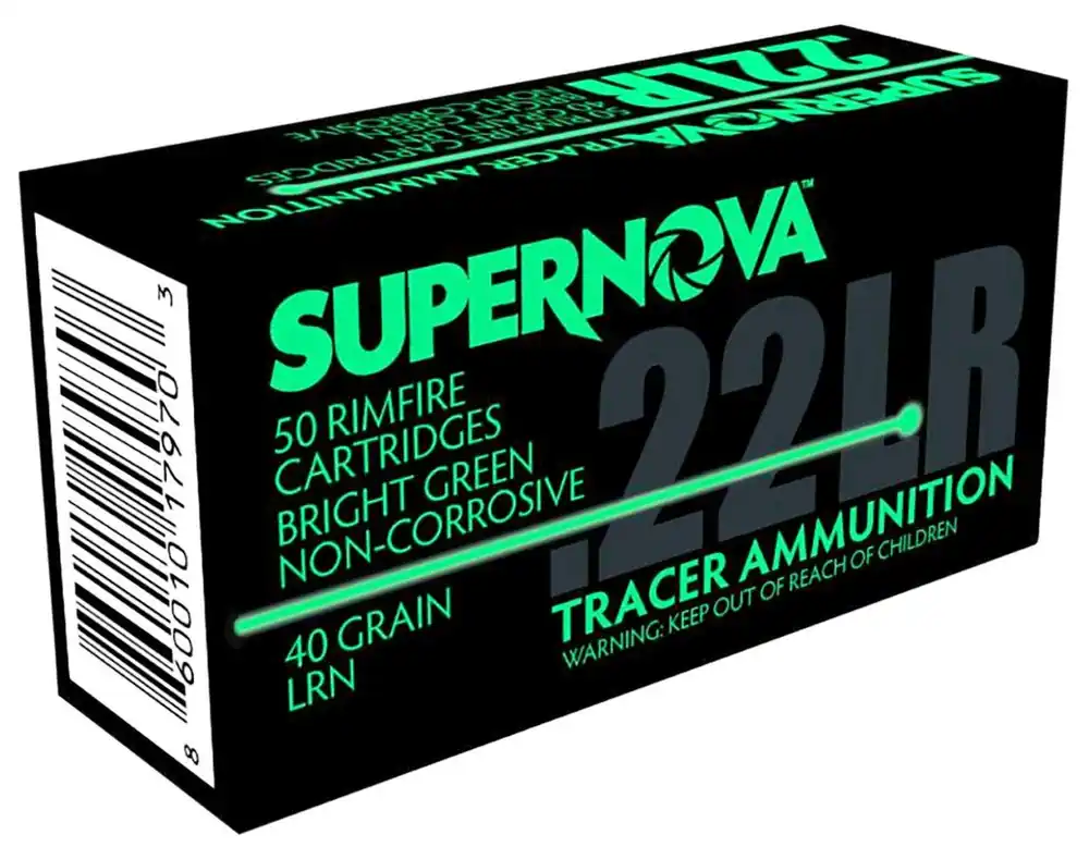 Supernova Green Tracer Non-Corrosive .22 LR Ammo 40 gr Lead Round Nose 50 Rounds PMSN22LRG