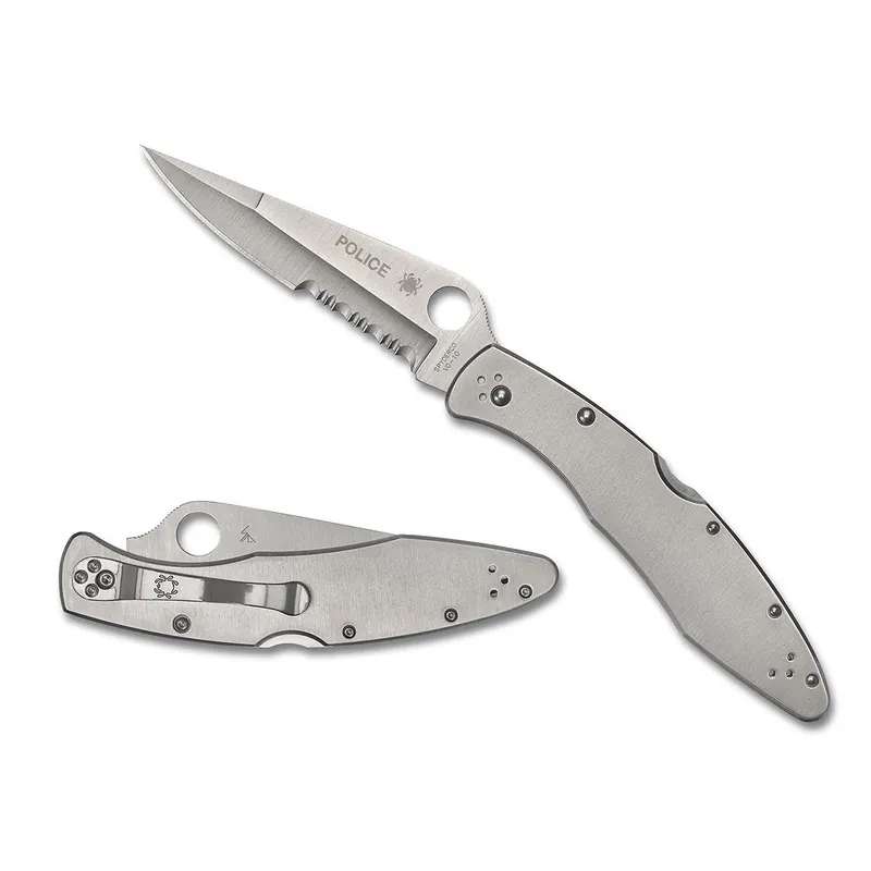 Spyderco Police 4.13" Folding Plain Satin SS Blade Satin Stainless Steel Handle Includes Pocket Clip