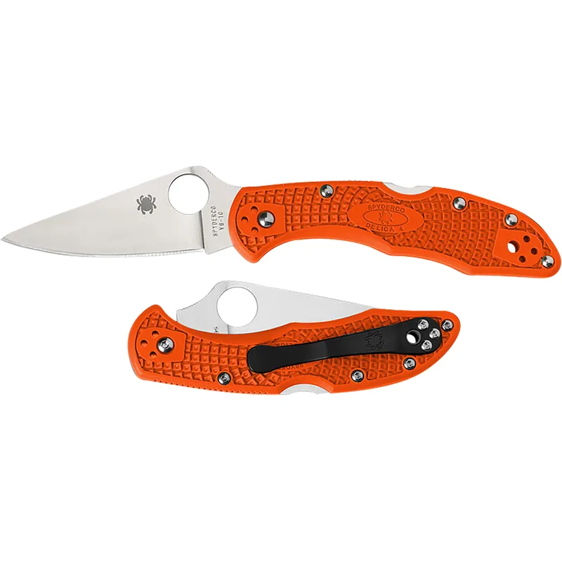 Spyderco Delica 4 Lightweight 2.88" Folding Plain Satin VG-10 SS Blade Orange Bi-Directional Texturing FRN Handle