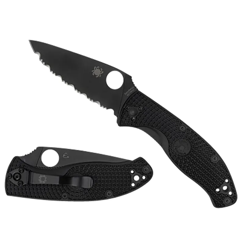Spyderco Tenacious Lightweight 3.39" Folding Part Serrated Black Oxide SS Blade Black Bi-Directional Texturing FRN Handle