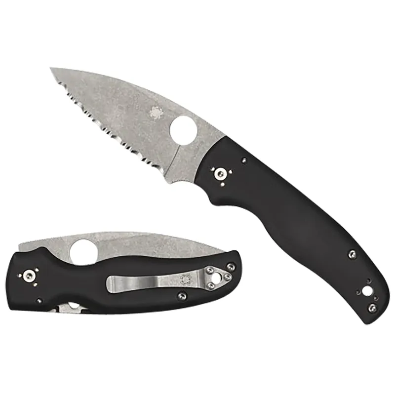 Spyderco Shaman 3.58" Folding Serrated Stonewashed CPM S30V SS Blade Black Textured G10 Handle