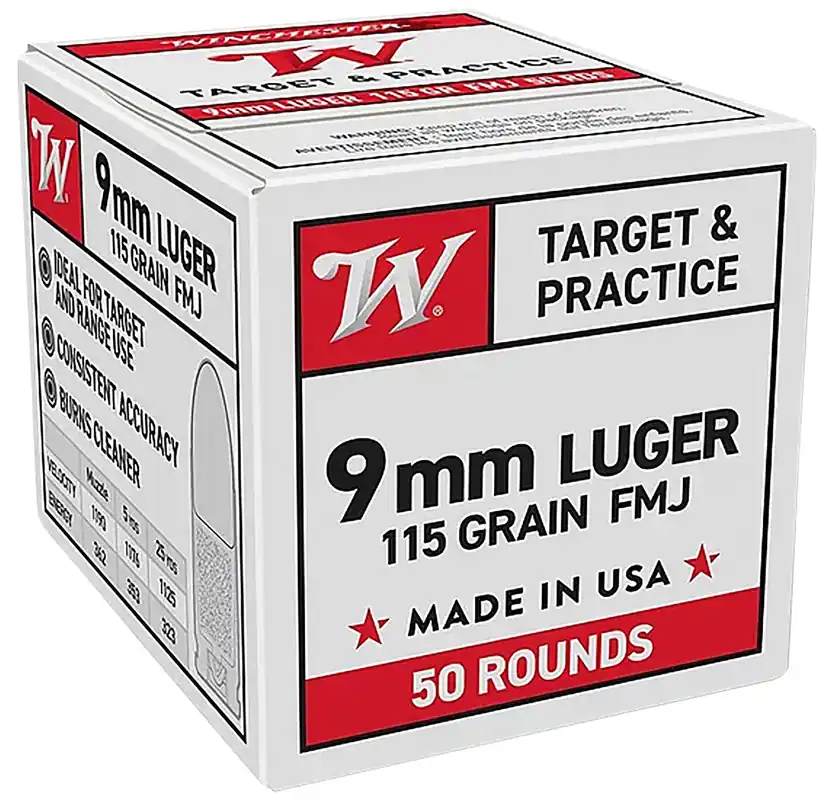 Winchester Target & Practice 9mm Luger Ammo 115 gr Full Metal Jacket 50 Rounds W9MM50