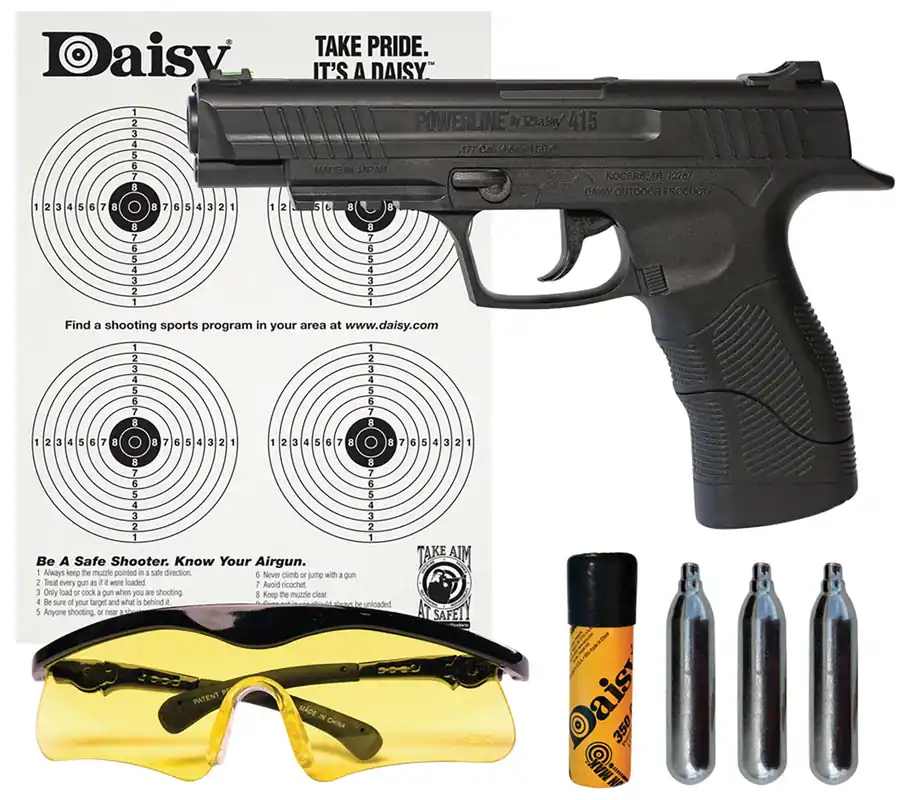 Daisy 415 Powerline Kit CO2 177 BB 21+1 495 fps, Black, Polymer Frame with Pic. Rail, Fiber Optic Sight, Includes Ammo/Target/Glasses/CO2 Cartridges