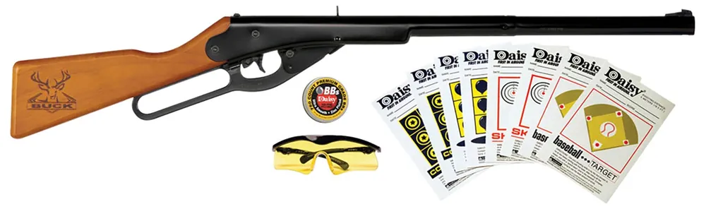 Daisy Buck Shooting Kit Spring Piston 177 BB 400rd Shot 350 fps, Black Barrel/Rec, Stained Hardwood Furniture, Includes Glasses/Premium Ammo/Targets