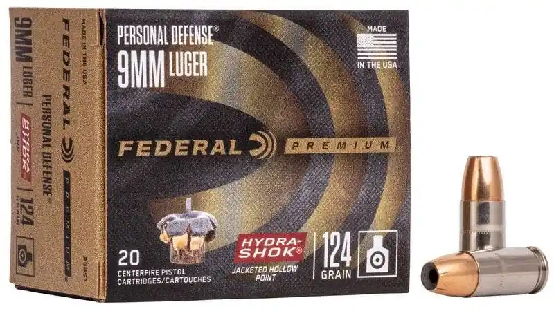 Federal Personal Defense 9mm Luger 124 Gr Hydra-Shok JHP 20/Box