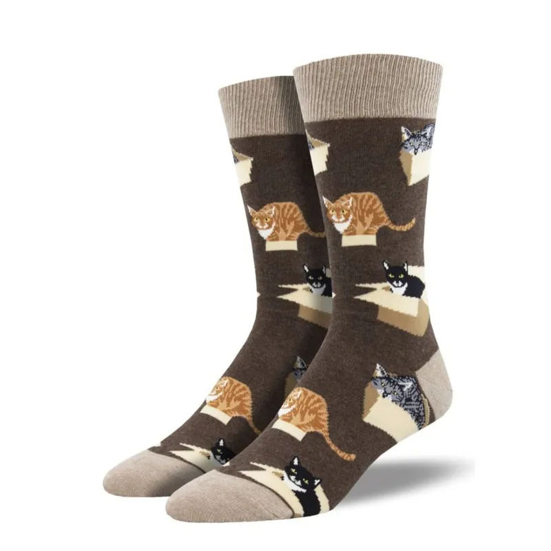 SockSmith Men‘s "Cat In A Box" Heather Brown Socks