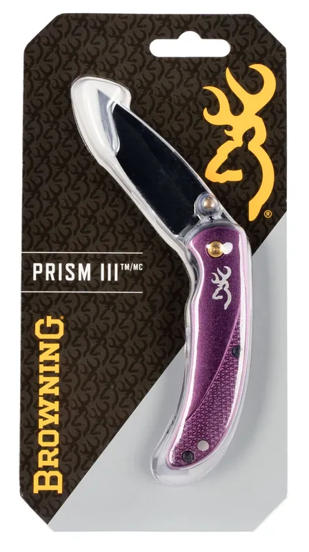 Browning Prism 3 EDC Folding 2.38" Plain Black Oxide 7Cr17MoV SS Blade, Plum w/Brass Accents & Logo Anodized Aluminum Handle, Includes Pocket Clip