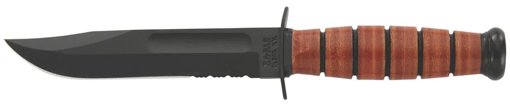 Ka-Bar USMC 5.25" Fixed Clip Point Part Serrated Black 1095 Cro-Van Blade, Brown Leather Handle, Includes Sheath