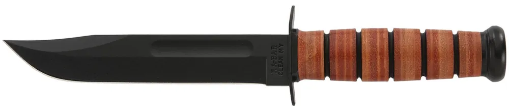 Ka-Bar USMC Fight/Utility 7" Fixed Clip Point Plain Black 1095 Cro-Van Blade. Brown Leather Handle. Includes Sheath