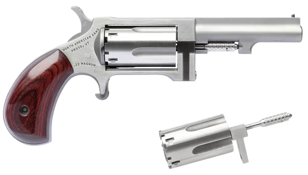 North American Arms SWC250 Sidewinder 22 LR or 22 WMR Caliber with 2.50" Barrel, 5rd Capacity Cylinder, Overall Stainless Steel Finish & Rosewood Birdshead Grip Includes Cylinder