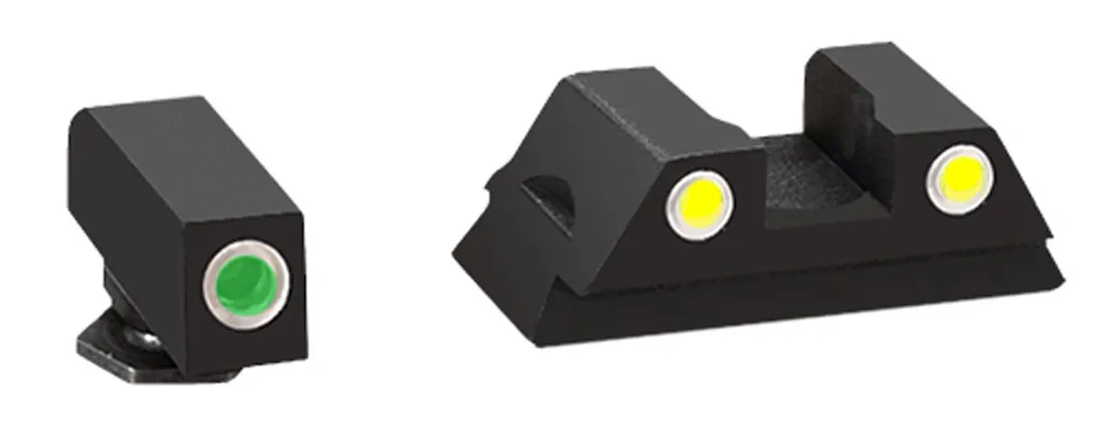 AmeriGlo Classic 3-Dot Night Sight Set Tritium Green with White Outline Front, Yellow with White Outline Rear Black Frame for Glock 42,43,43X,48