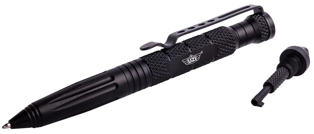 Uzi Accessories Tactical Pen Black Aluminum 6" Features Glass Breaker/Cuff Key UZITACPEN6BK